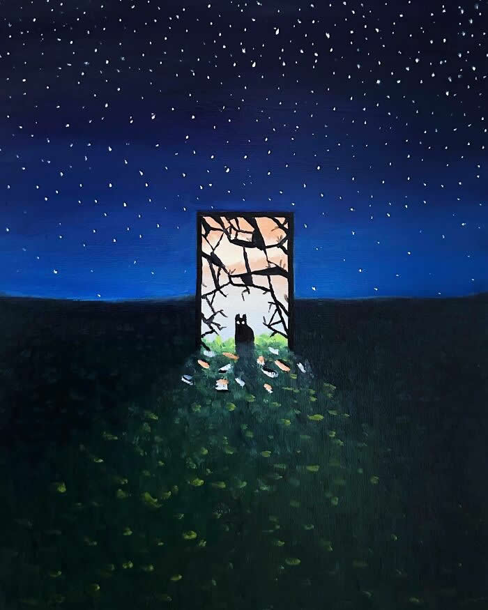 Digital Artworks of Black Cats in Fantasy Landscapes by Mitch